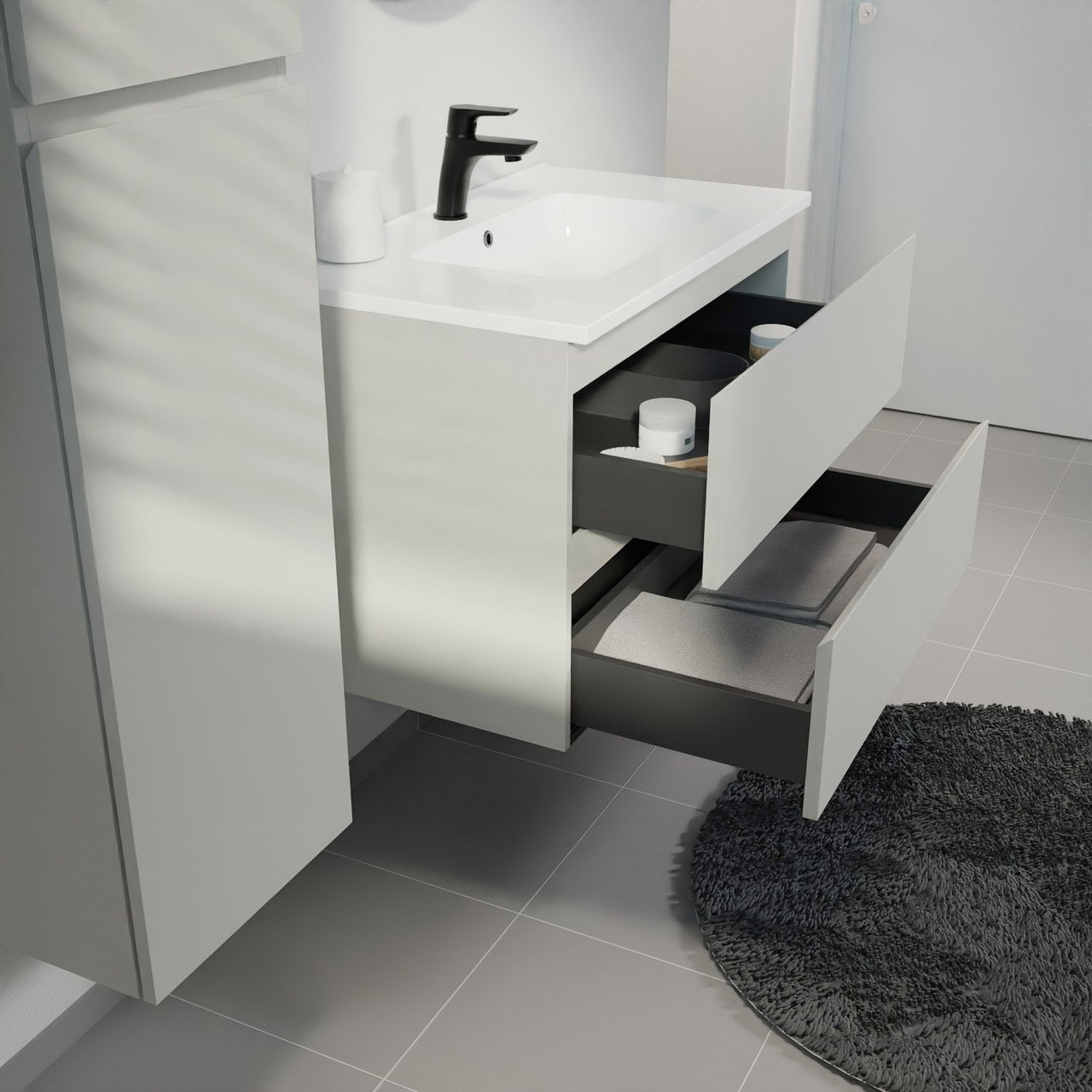 Linie Lado hängendes Möbelstück Set: 80 x 46 cm, Greige, mit Vano Einzelwaschtisch, Marmorkomposit Weiß glänzend