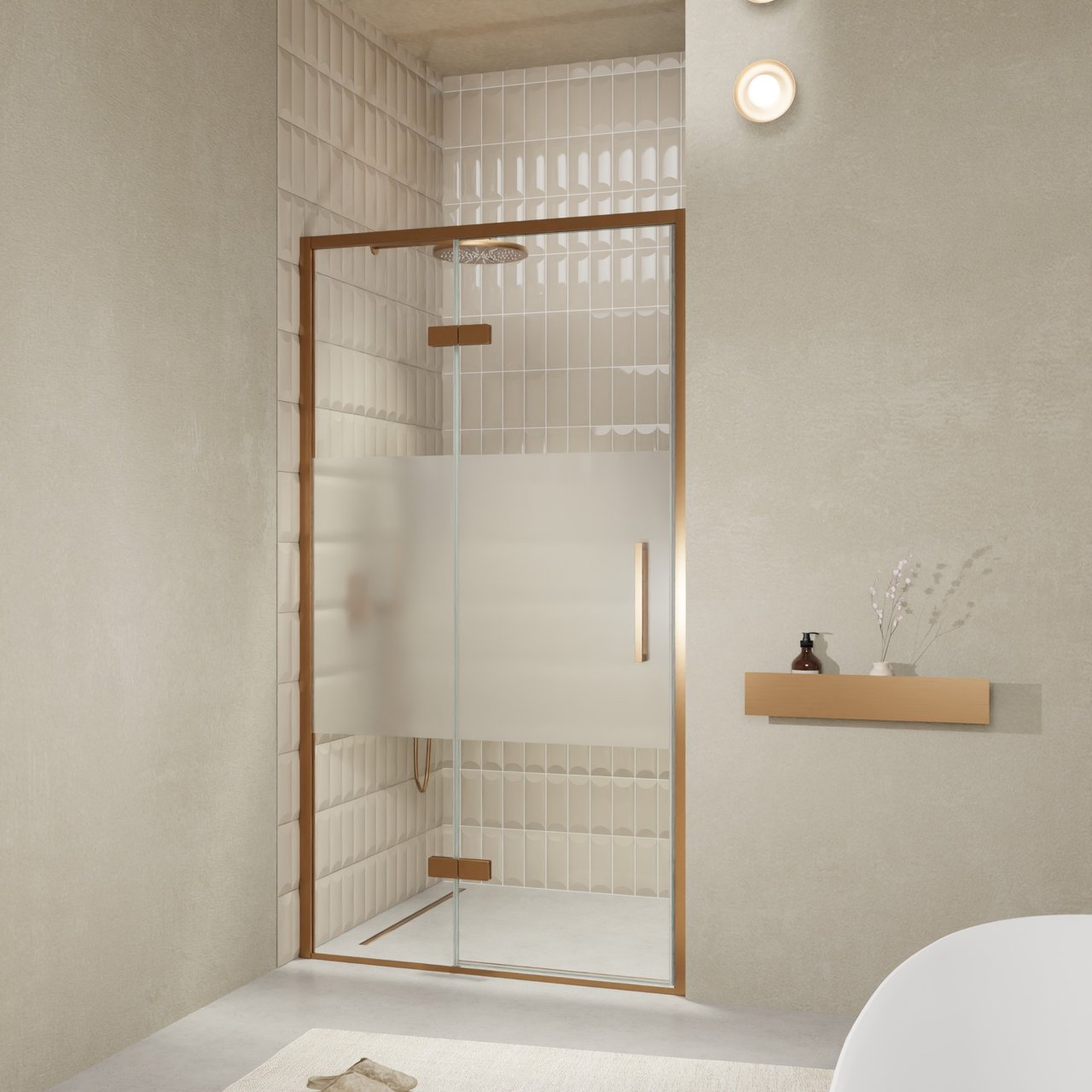 Balmani Senses Design Dusche Drehtür, Links, 120 cm x 210 cm, Klarglas mit mattiertem Streifen, Profil Brushed Rosegold