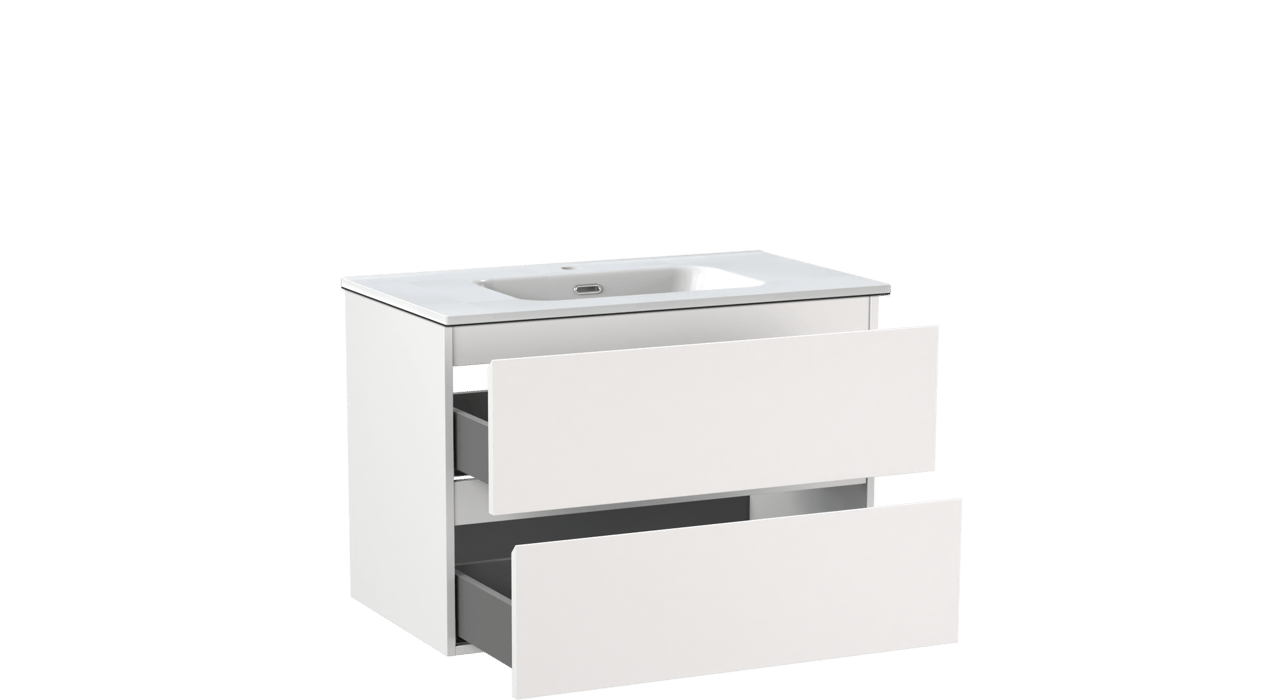 Linie Lado hängendes Möbelstück Set: 80 x 46 cm, Weiß matt, mit Baro Einzelwaschtisch, Porzellan Weiß glänzend