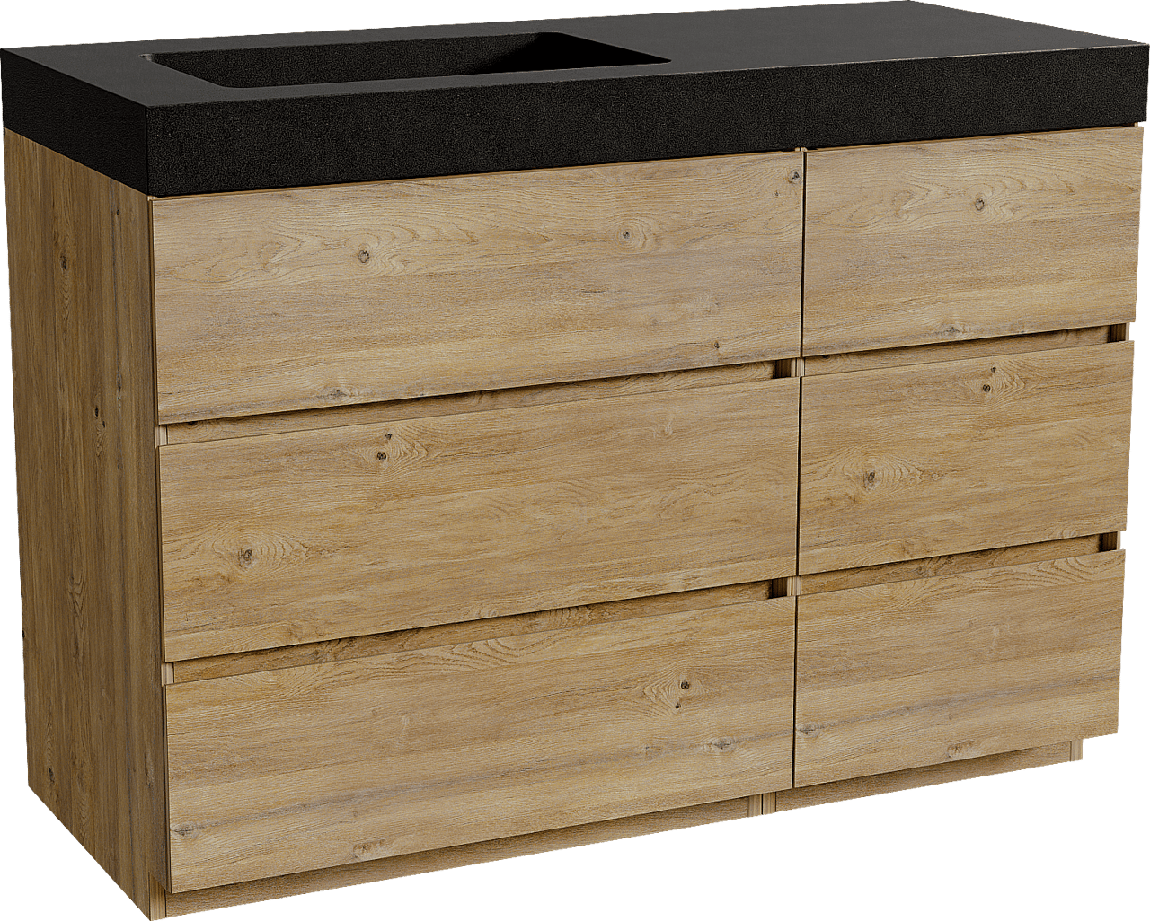 Storke Edge staand badkamermeubel 120 x 52 cm ruwe eik met Scuro High asymmetrisch linkse wastafel in kwarts mat zwart