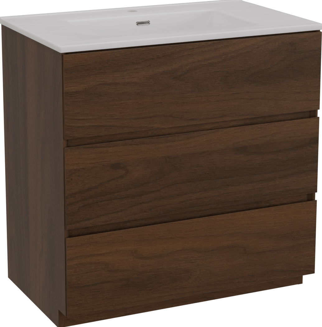 Storke Edge freistehendes Möbelstück Set: 85 x 52 cm, Nussbaum, mit Kera Einzelwaschtisch, Keramik Weiß glänzend