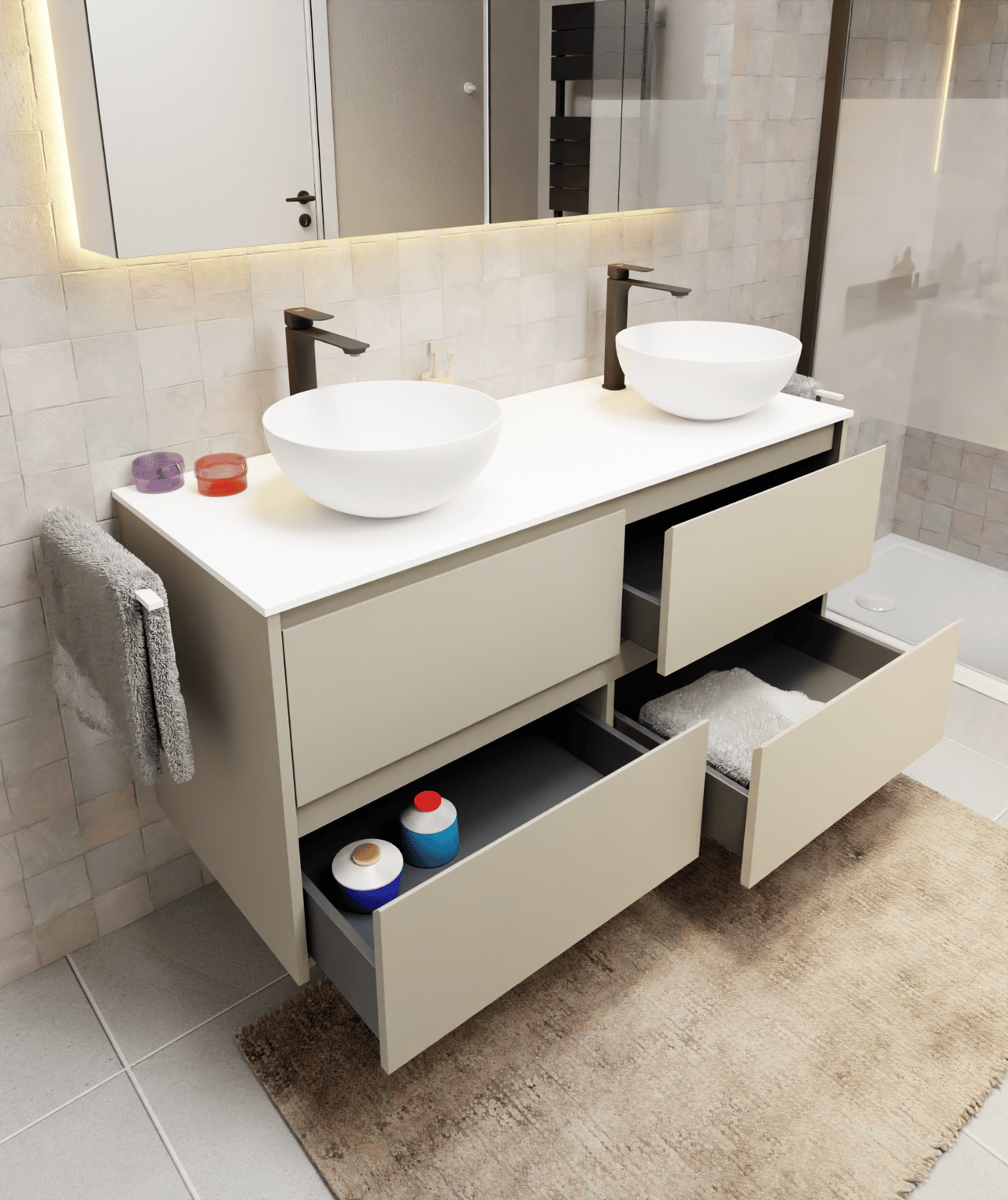 Storke Seda hängender Waschbeckenunterschrank: 130 x 52 cm, Seidengrau, 4 Schubladen