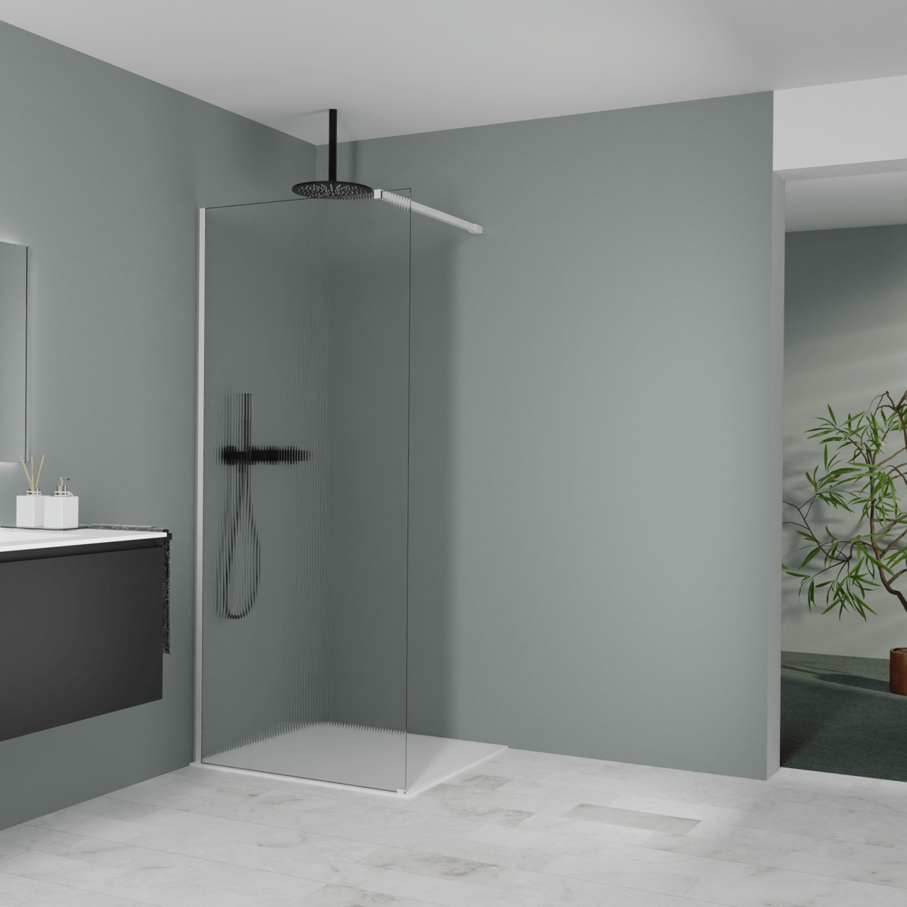 Balmani Modular Walk-In Dusche: 90 x 200 cm, Ribs, inklusive Coating, Profil Weiß matt