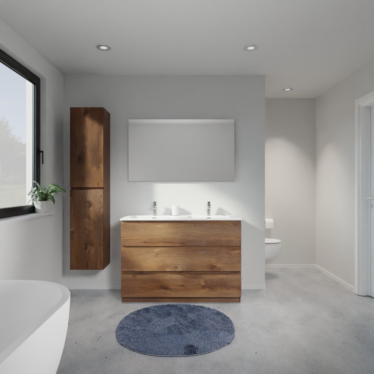 Linie Lado meuble salle de bains à poser 120 x 46 cm chêne brun avec Baro double vasque en porcelaine blanc brillant