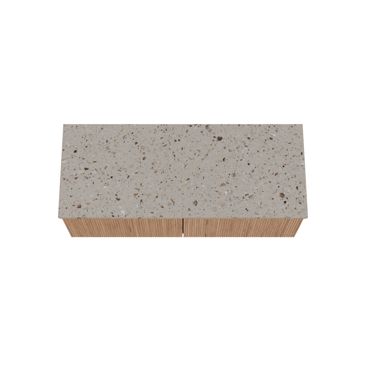 Balmani Forma zwevend badkamermeubel 135 x 55 cm teak met Stretto enkel of dubbel tablet in terrazzo greige terrazzo, Verticale symmetrische rechte ribbel