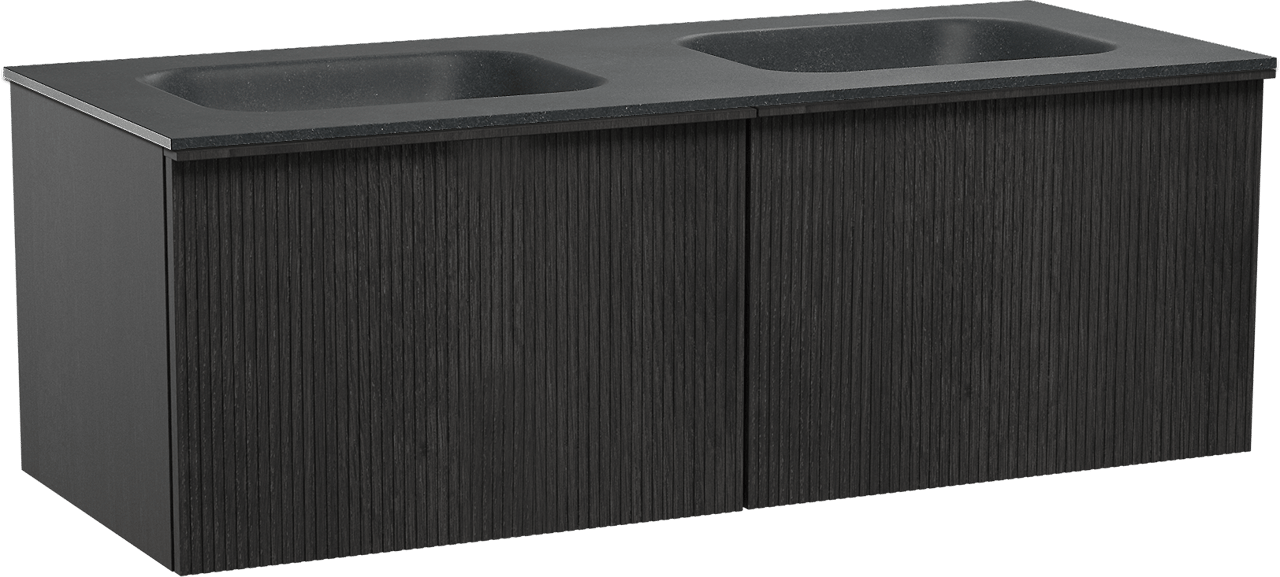 Balmani Forma zwevend badkamermeubel 135 x 55 cm zwarte eik met Tablo Arcato dubbele wastafel in graniet zwart, Verticale symmetrische rechte ribbel