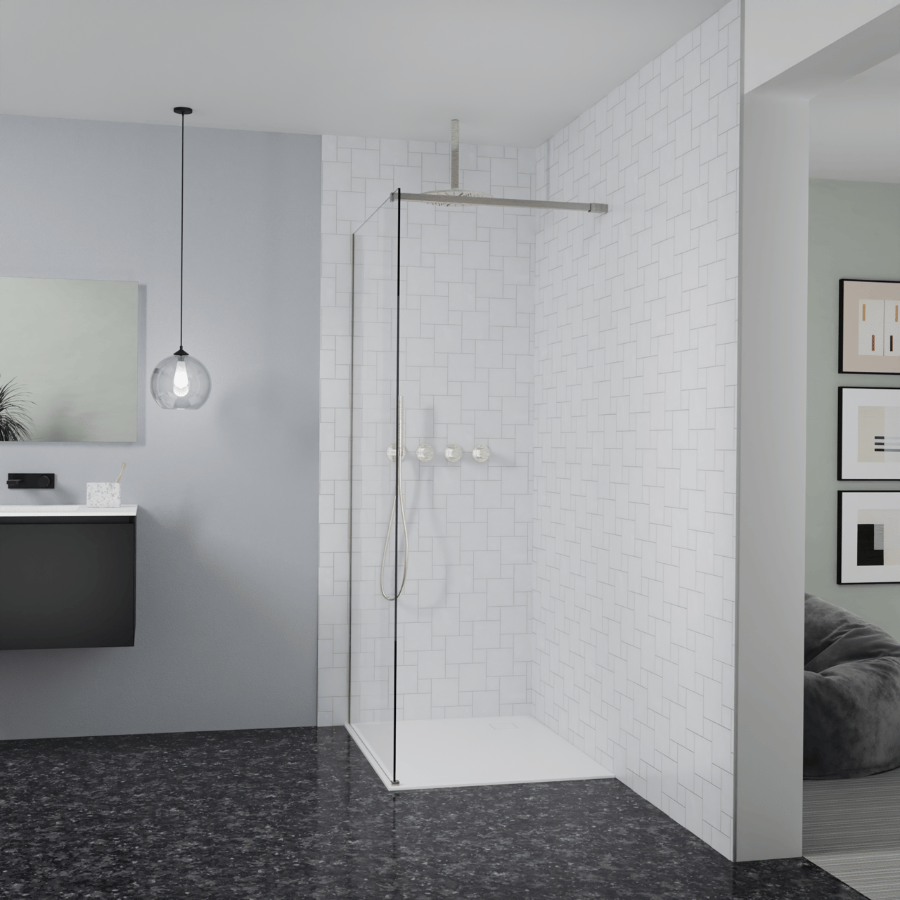 Balmani Modular douche à l'italienne: 100 x 200 cm, Verre transparent, avec coating, Profil Brushed CoolMetal