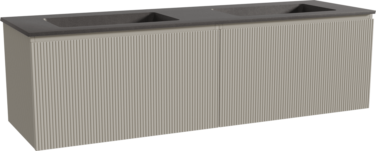Storke Ribs zwevend badmeubel 170 x 52 cm zijdegrijs met Scuro dubbele wastafel in kwarts mat zwart, Verticale symmetrische rechte ribbel