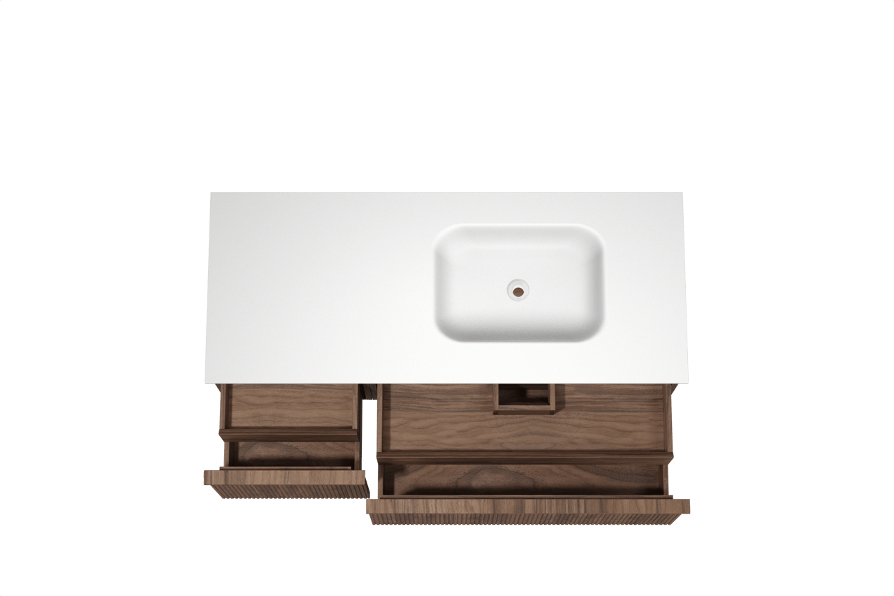 Balmani Forma hängendes Möbelstück Set: 135 x 55 cm, Amerikanischer Nussbaum, mit Tablo Arcato Waschtisch rechts, Solid Surface, Weiß matt, Vertikale symmetrische gerade Rippe