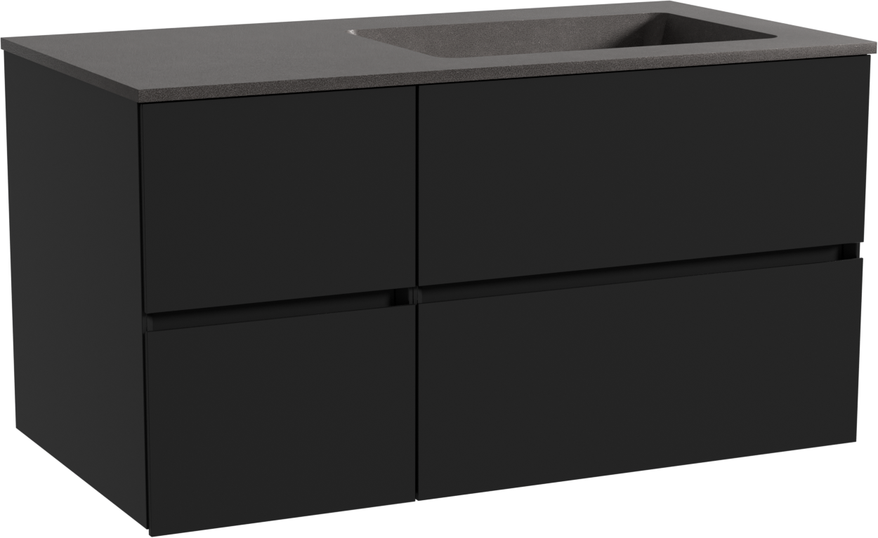 Storke Edge zwevend badmeubel 100 x 52 cm mat zwart met Scuro asymmetrisch rechtse wastafel in kwarts mat zwart