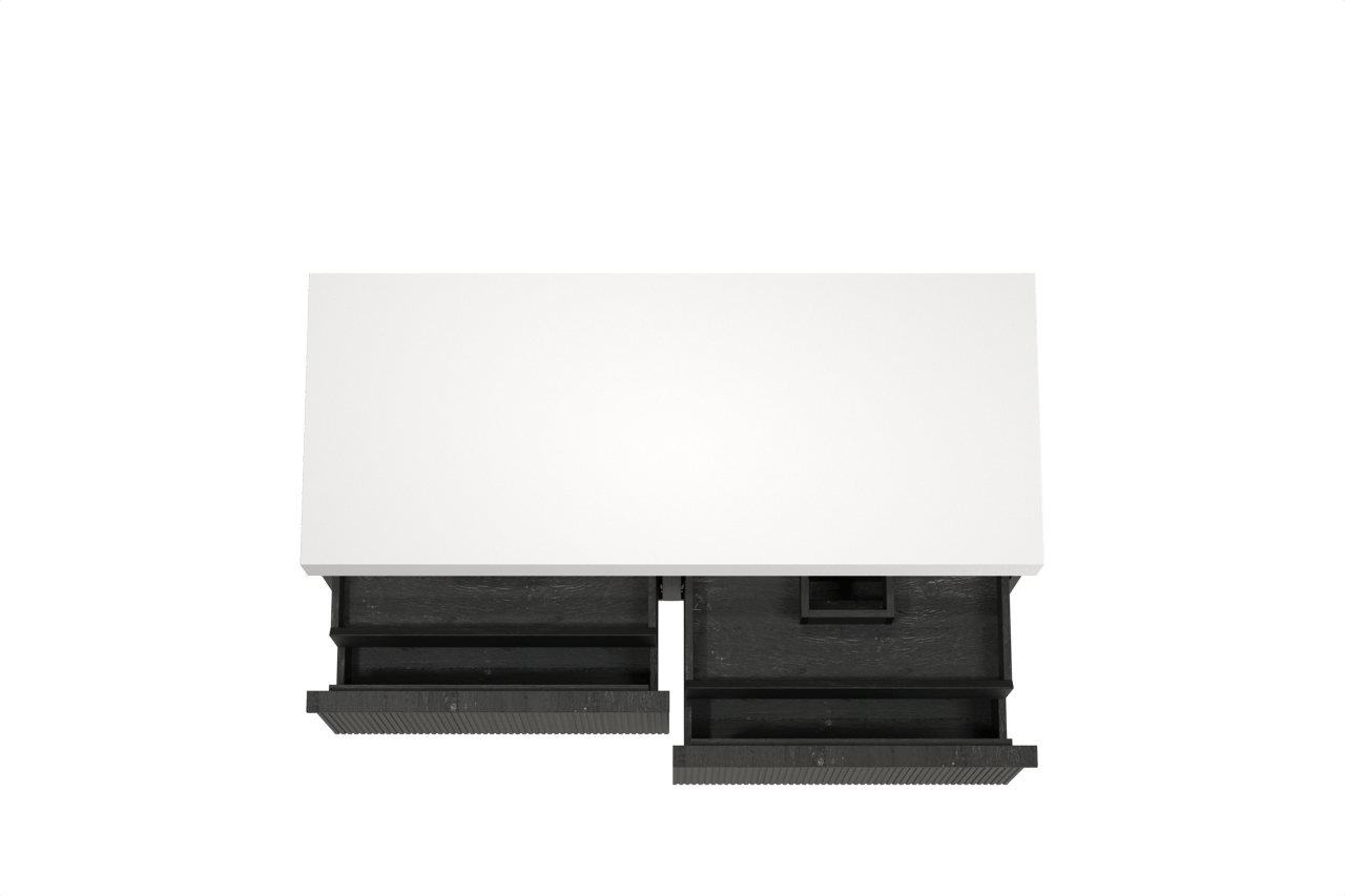 Balmani Forma zwevend badkamermeubel 135 x 55 cm zwarte eik met Dominus enkel of dubbel tablet in solid surface mat wit, Verticale symmetrische rechte ribbel