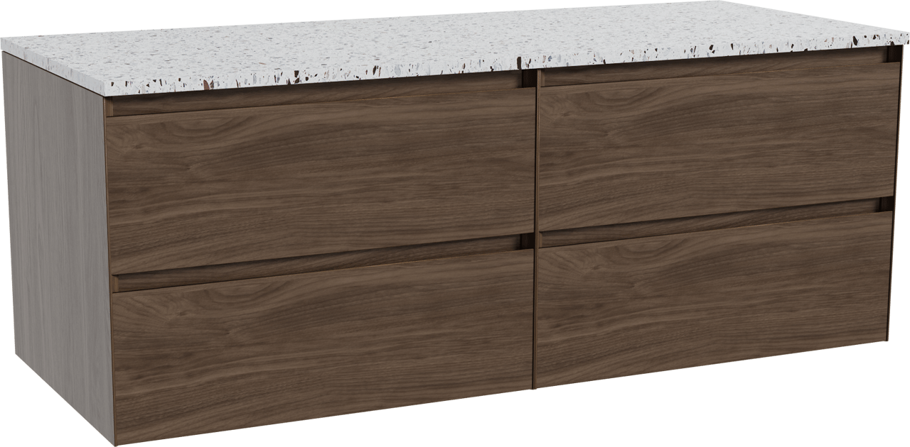 Balmani Mitra meuble salle de bains suspendu 135 x 55 cm noyer américain avec Stretto tablette simple ou double en blanc/noir mat terrazzo