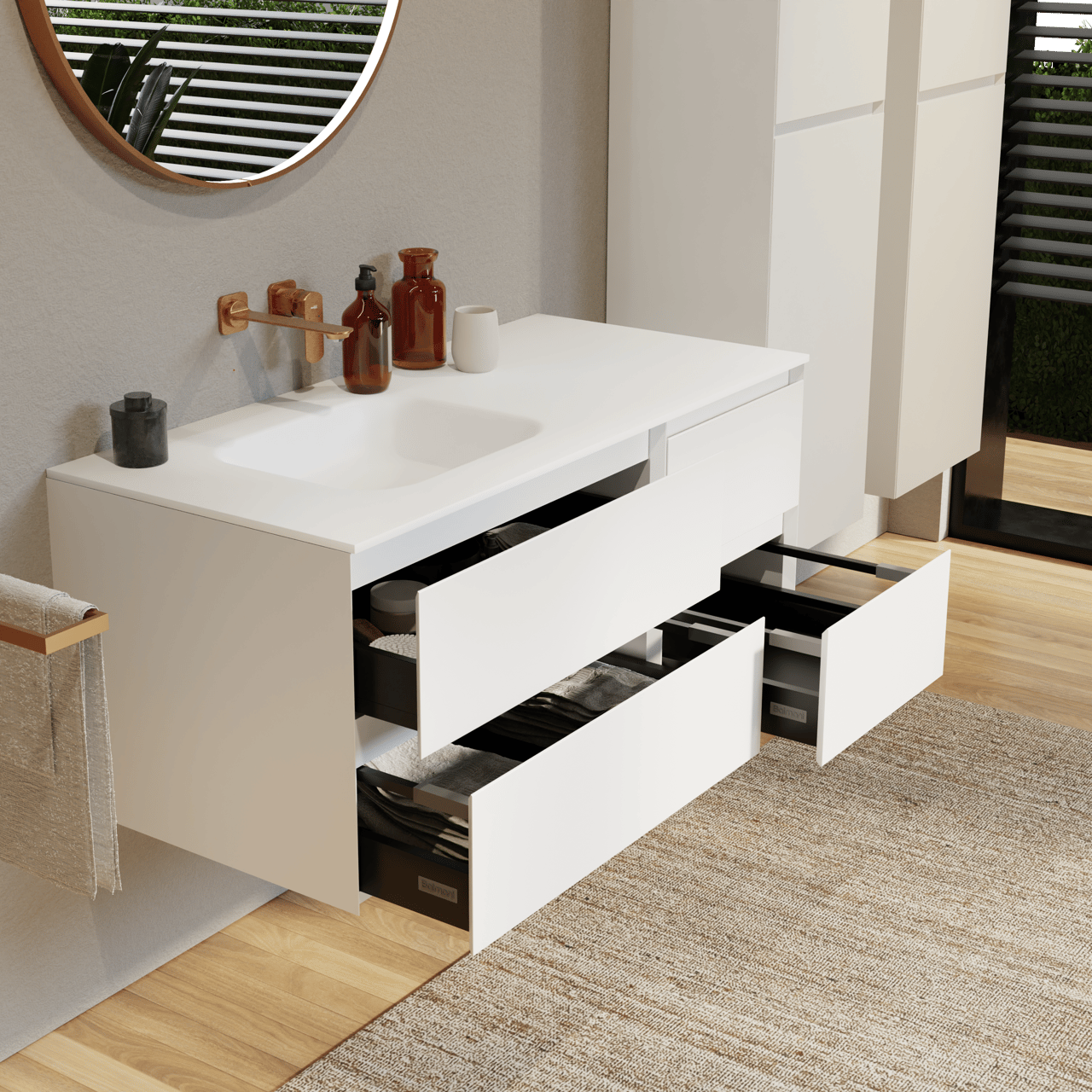 Balmani Mitra hängendes Möbelstück Set: 120 x 55 cm, Weiß matt, mit Tablo Arcato Waschtisch links, Solid Surface Weiß matt