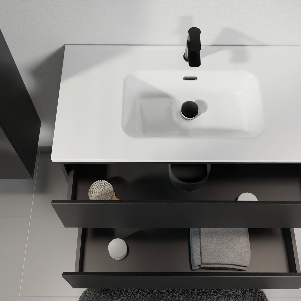 Linie Lado meuble salle de bains suspendu 70 x 46 cm noir mat avec Baro plan simple en porcelaine blanc brillant