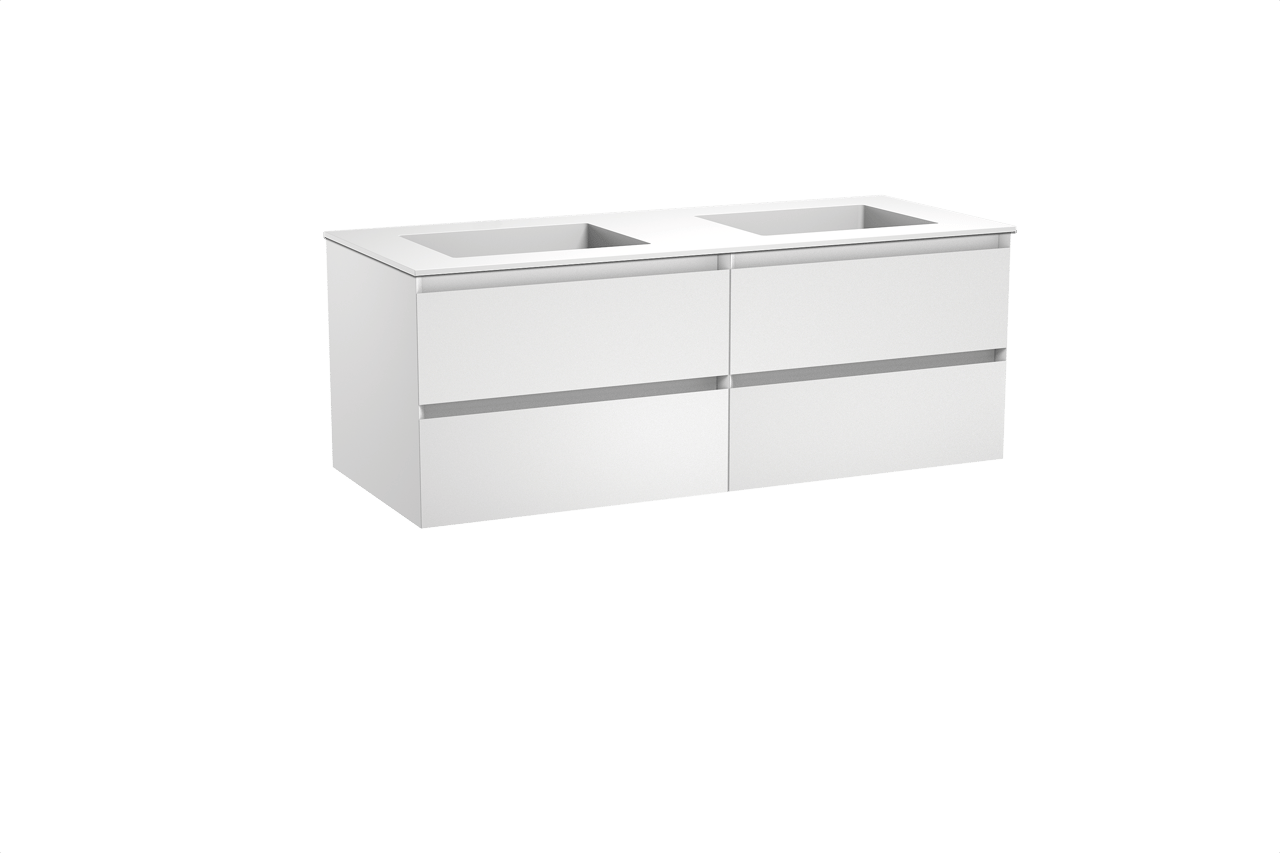 Balmani Mitra zwevend badkamermeubel 135 x 55 cm mat wit met Tablo Stretto dubbele wastafel in solid surface mat wit