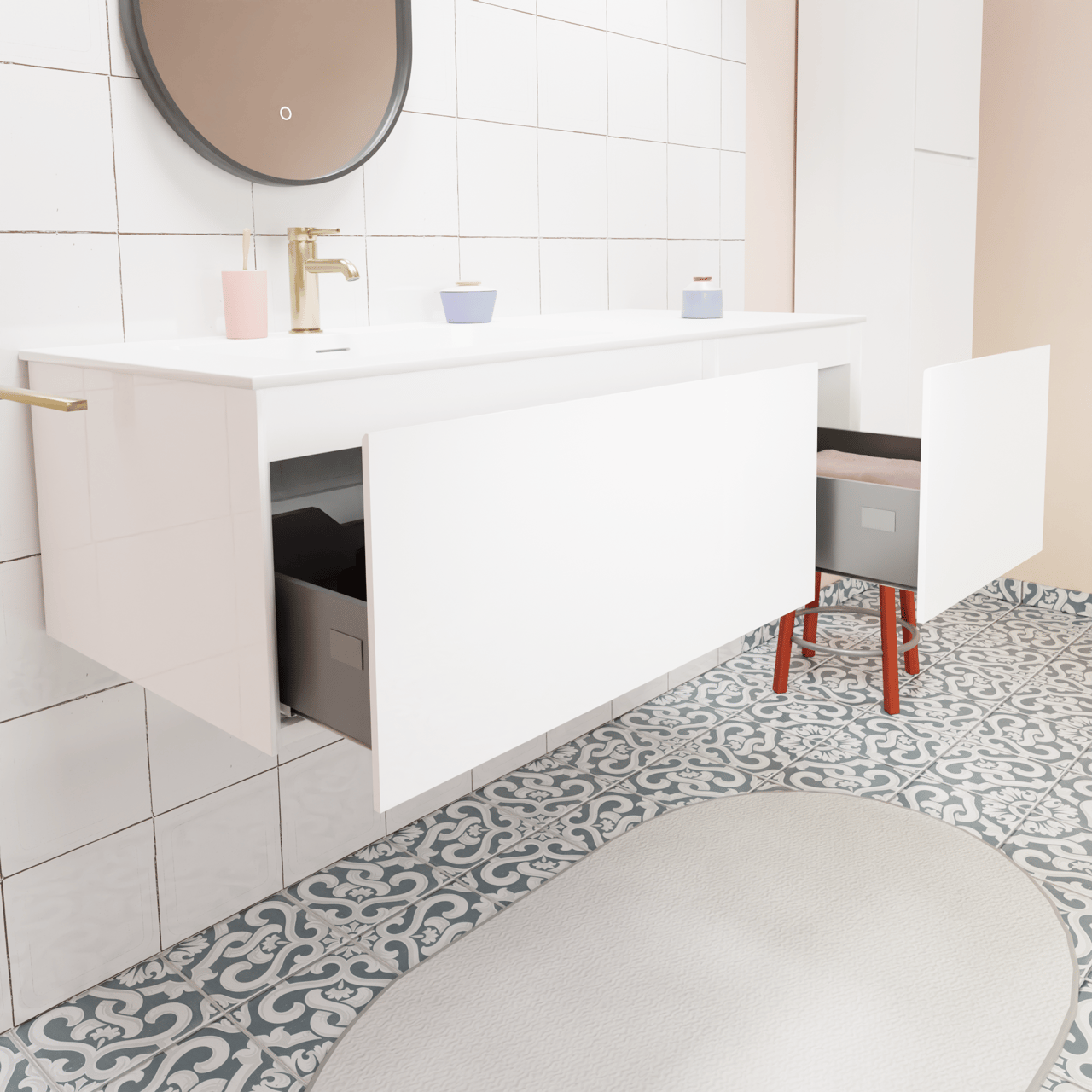 Storke Edge hängendes Möbelstück Set: 120 x 52 cm, Weiß glänzend, mit Mata Waschtisch links, Solid Surface Weiß matt