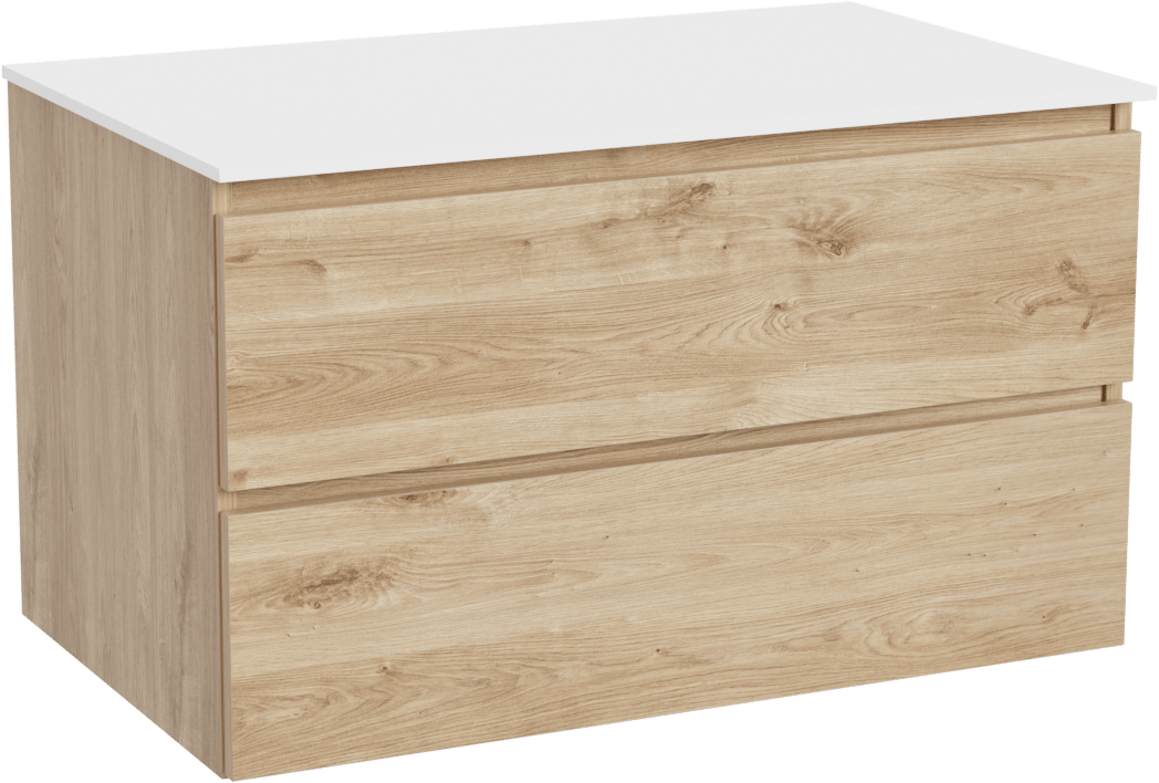 Balmani Lucida meuble salle de bains suspendu 90 x 55 cm chêne brut avec Stretto tablette simple en solid surface blanc mat