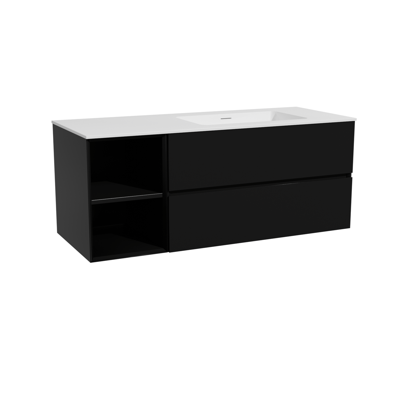 Storke Edge hängendes Möbelstück Set: 130 x 52 cm, Schwarz matt, mit Mata Waschtisch rechts, Solid Surface Weiß matt