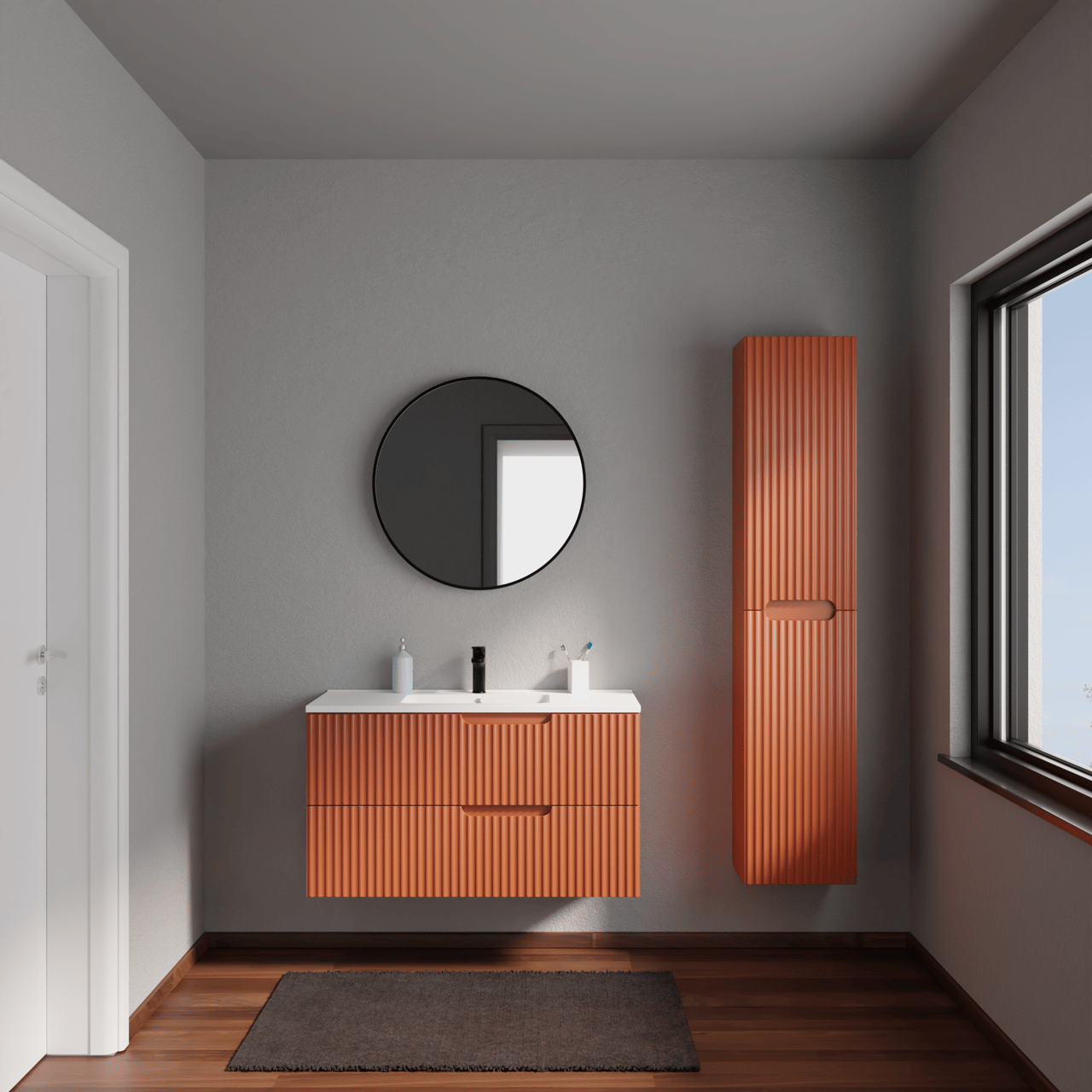 Linie Ribbo zwevend badmeubel 100 x 46 cm cotto met Vano enkele wastafel in composietmarmer mat wit, Verticale symmetrische ronde ribbel