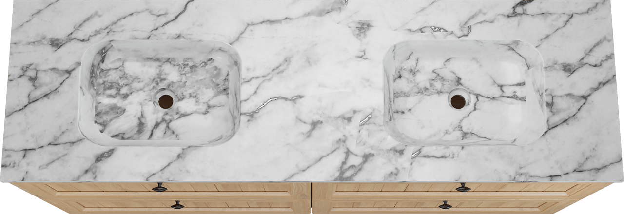 Balmani Lemon freistehendes Möbelstück Set: 180 x 55 cm, Naturbelassene Eiche Furnier, mit Tablo Arcato Doppelwaschtisch, Carrara