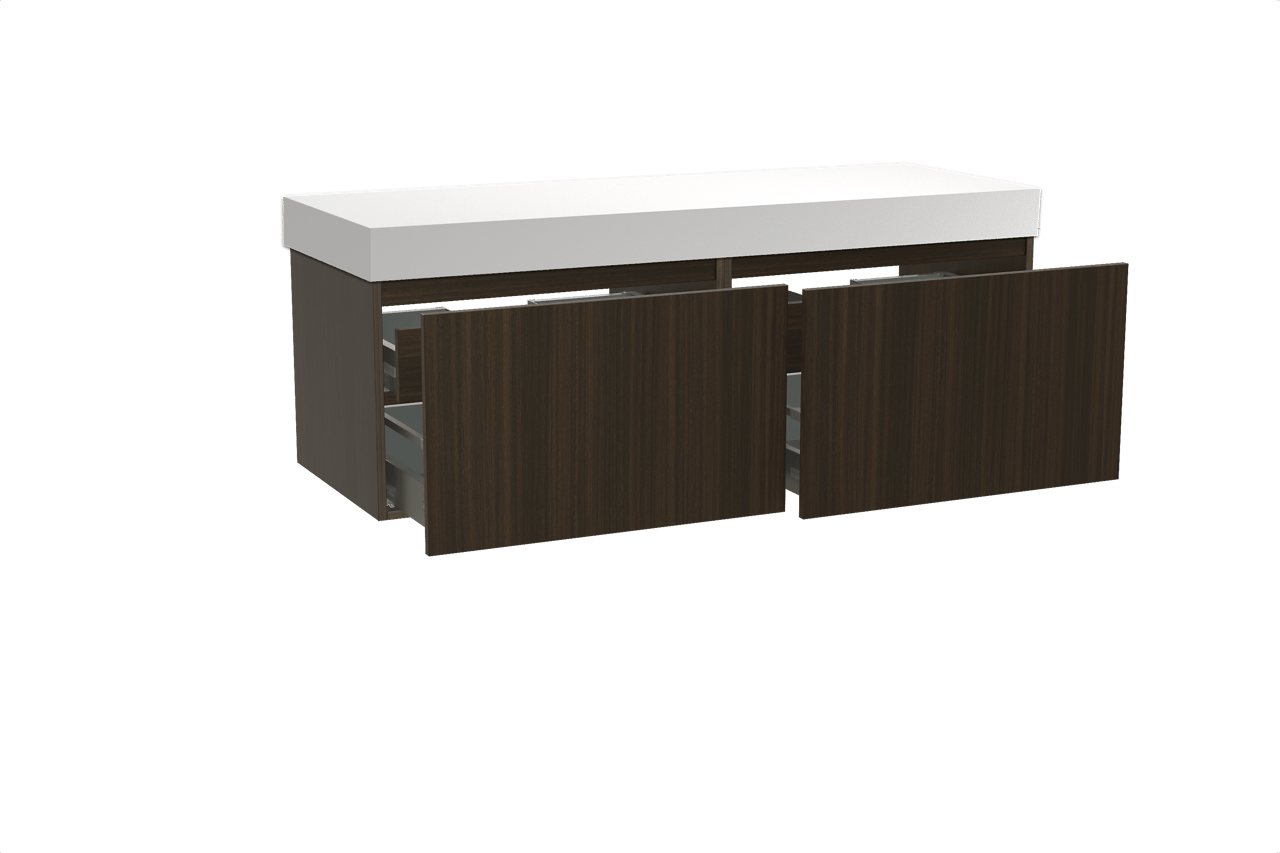 Balmani Sfera hängendes Möbelstück Set: 150 x 55 cm, Eucalyptus, mit Dominus Einzel- oder Doppel Waschtischplatte, Solid Surface Weiß matt