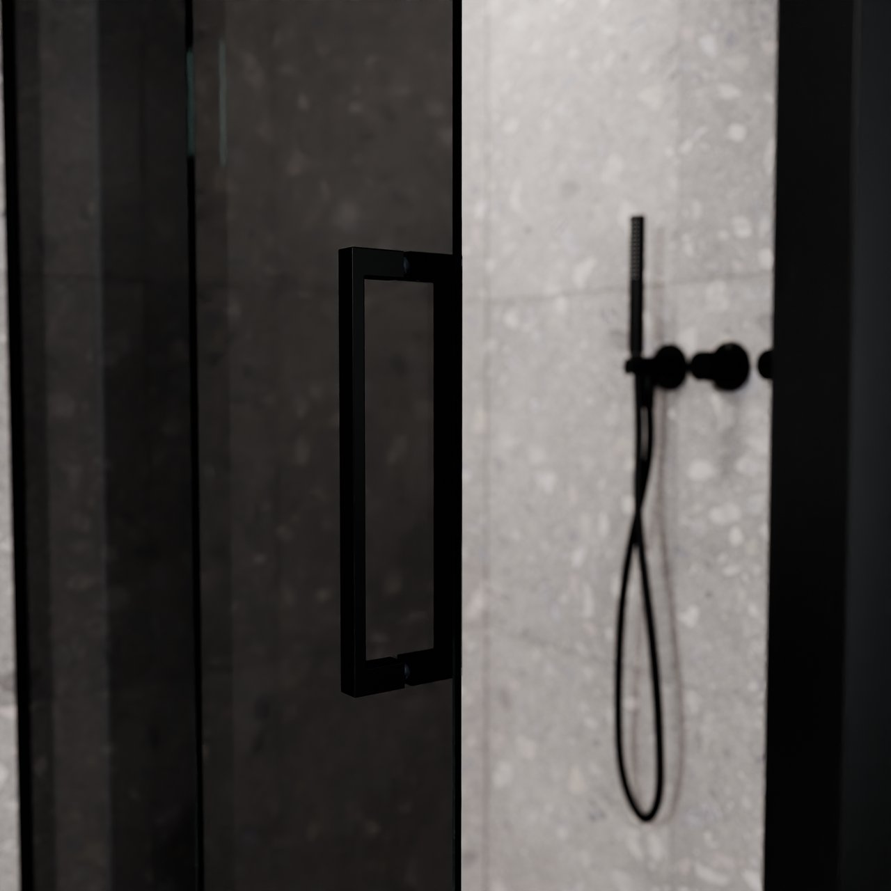 Balmani Senses Design Eckdusche: Schiebetür (Links) mit fixierte Seitenwand, 140 x 80 cm, Rauchglas, Profil Schwarz matt