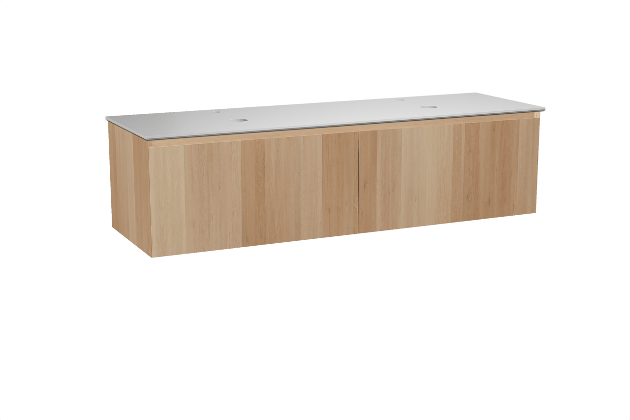 Balmani Idra hängendes Möbelstück Set: 180 x 55 cm, Naturbelassene Eiche, mit Facetta Doppel Waschtischplatte, Solid Surface Weiß matt