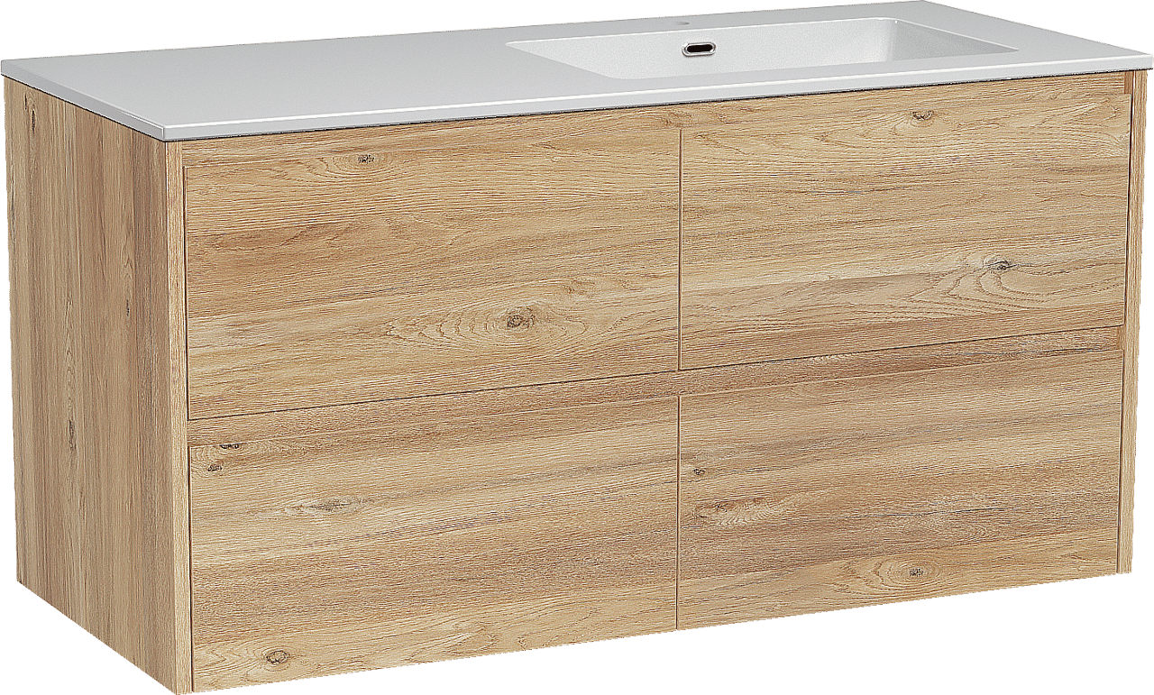 Storke Seda meuble salle de bains suspendu 120 x 52 cm chêne brut avec Diva vasque asymétrique droite en marbre composite blanc brillant