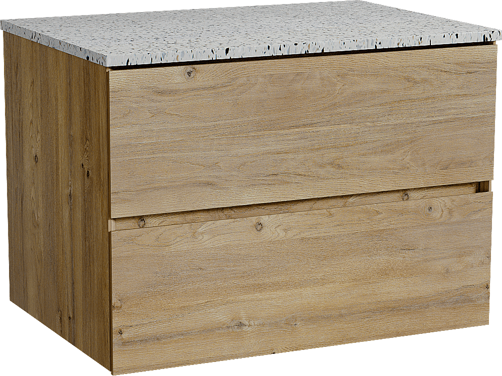 Storke Edge zwevend badmeubel 75 x 52 cm ruw eiken met Tavola enkel wastafelblad in mat wit/zwart terrazzo