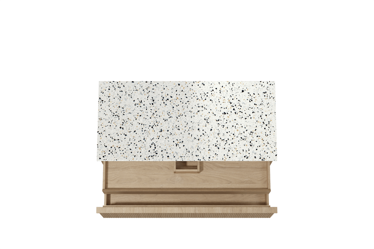 Balmani Forma hängendes Möbelstück Set: 120 x 55 cm, Naturbelassene Eiche, mit Stretto Einzel- oder Doppel Waschtischplatte, Terrazzo in Weiß/Schwarz matt, Vertikale symmetrische gerade Rippe