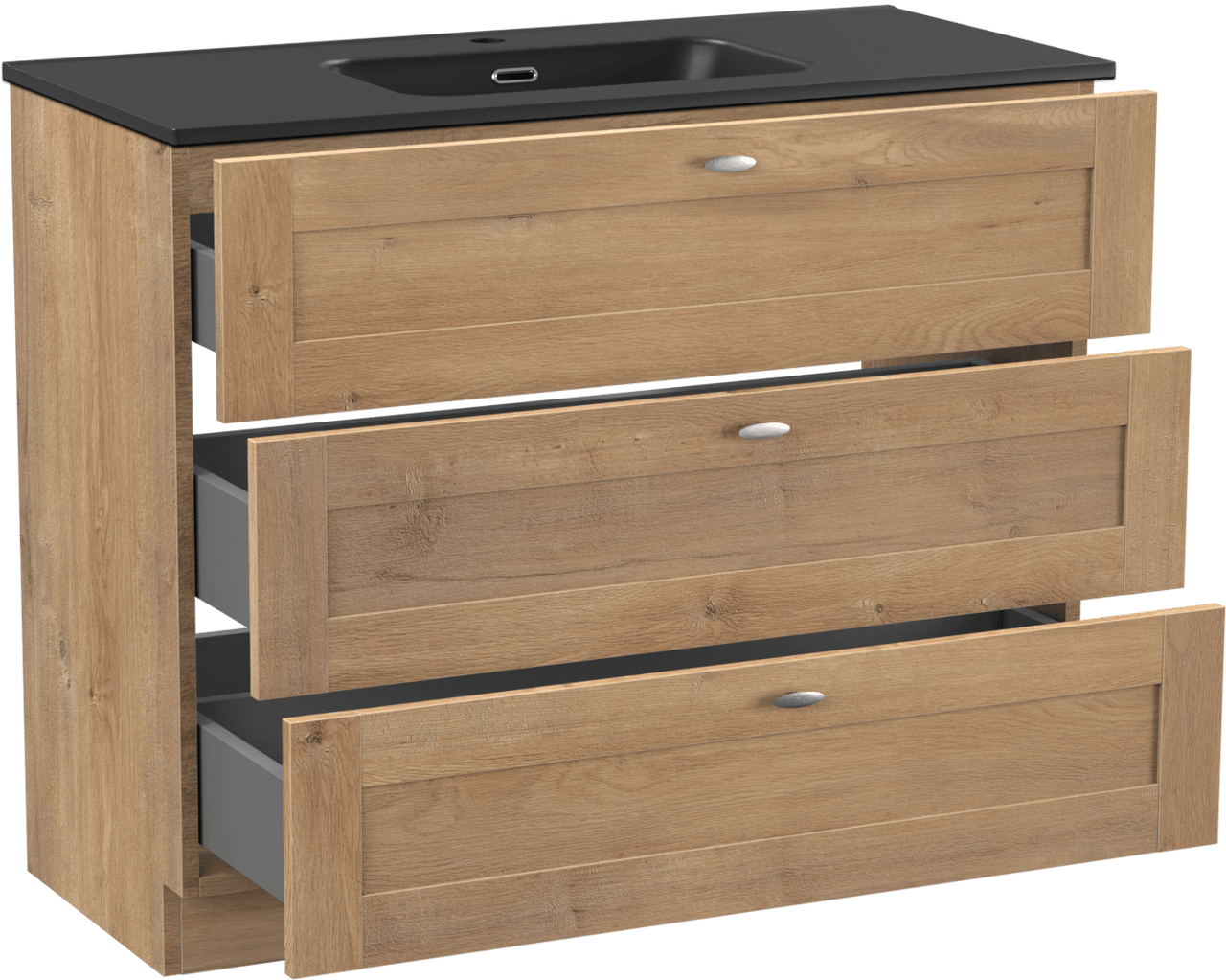 Linie Classo freistehendes Möbelstück Set: 100 x 46 cm, Naturbelassene Eiche, mit Baro Einzelwaschtisch, Porzellan Schwarz matt