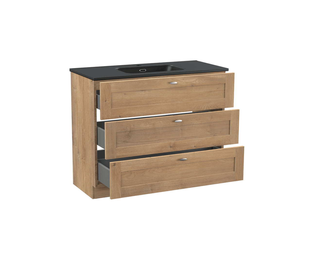 Linie Classo staand badkamermeubel 100 x 46 cm natuur eik met Baro enkele wastafel in porselein mat zwart