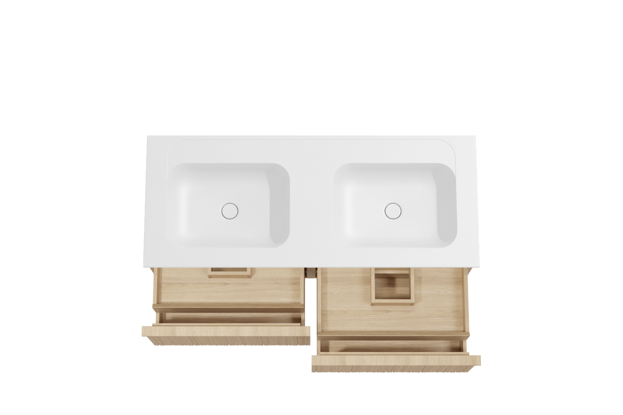 Balmani Forma hängendes Möbelstück Set: 135 x 55 cm, Naturbelassene Eiche, mit Tablo Strada Doppelwaschtisch, Marmorkomposit, Weiß matt, Vertikale asymmetrische Runde Rippe