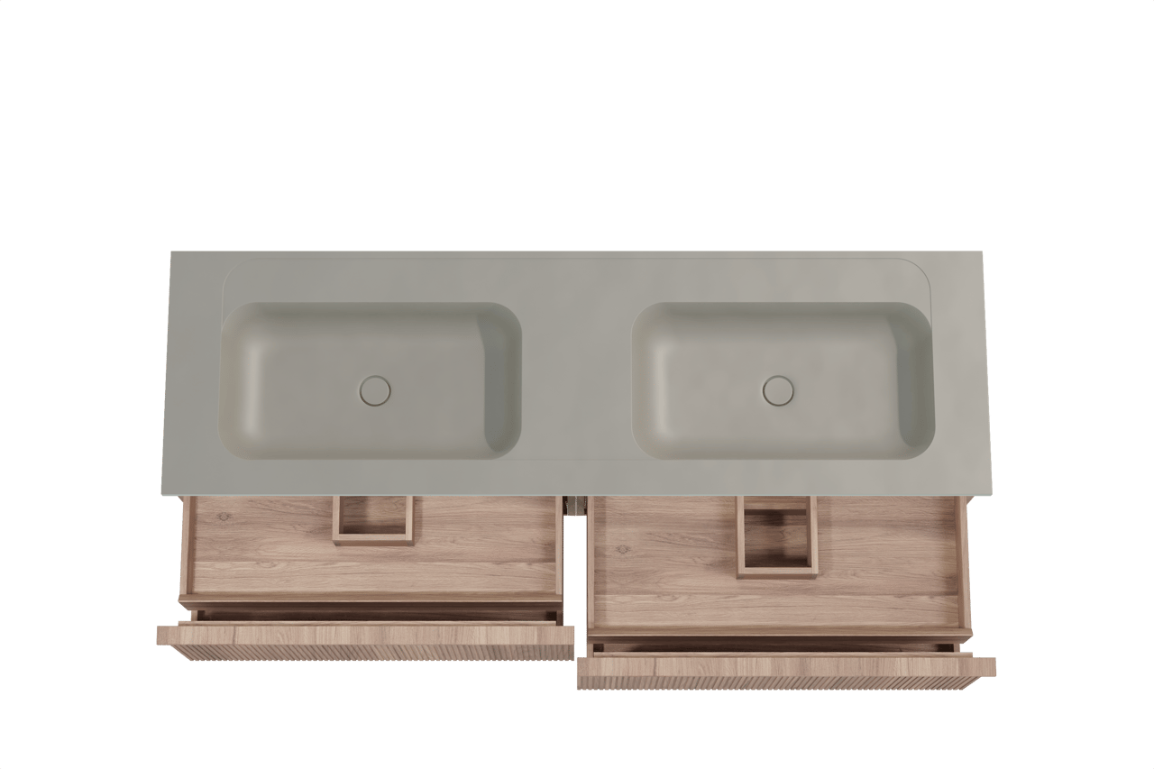 Balmani Forma hängendes Möbelstück Set: 180 x 55 cm, Teak, mit Tablo Strada Doppelwaschtisch, Marmorkomposit, Seidengrau, Vertikale symmetrische gerade Rippe