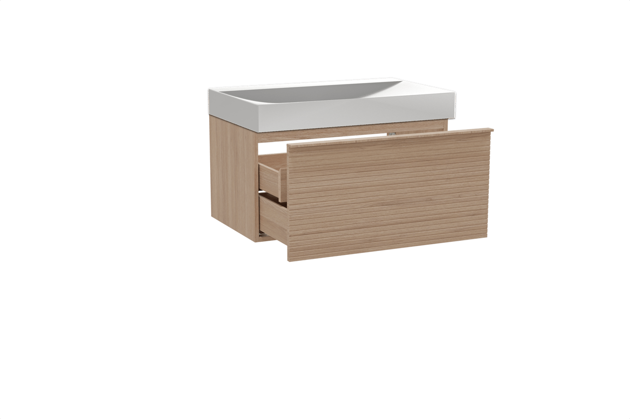 Balmani Forma hängendes Möbelstück Set: 90 x 55 cm, Naturbelassene Eiche, mit Wave Einzelwaschtisch, Solid Surface, Weiß matt, Horizontale symmetrische gerade Rippe