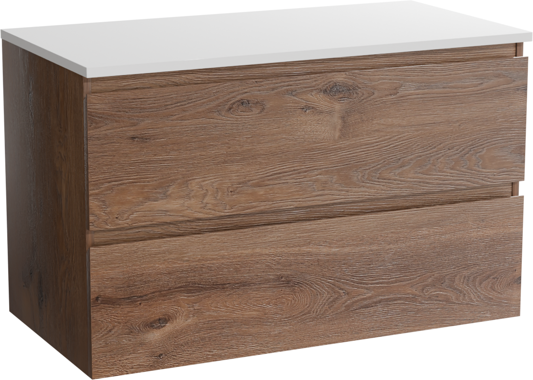 Linie Lado hängendes Möbelstück Set: 90 x 46 cm, Braune Eiche, mit Lado Einzel Waschtischplatte, Marmorkomposit Weiß glänzend