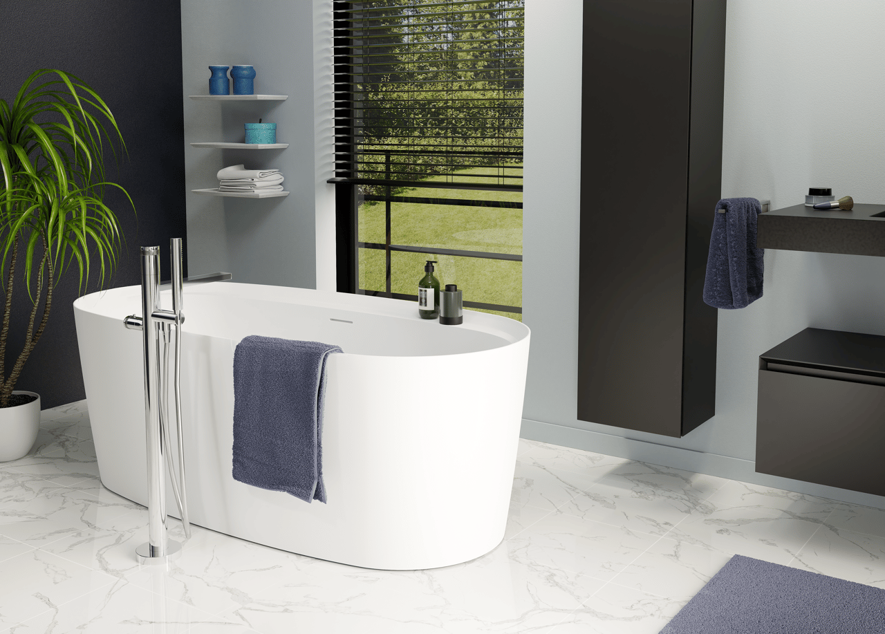 Luca Varess Sutilo ovale baignoire îlot 160 x 75 cm acrylique blanc mat avec tablette intégrée