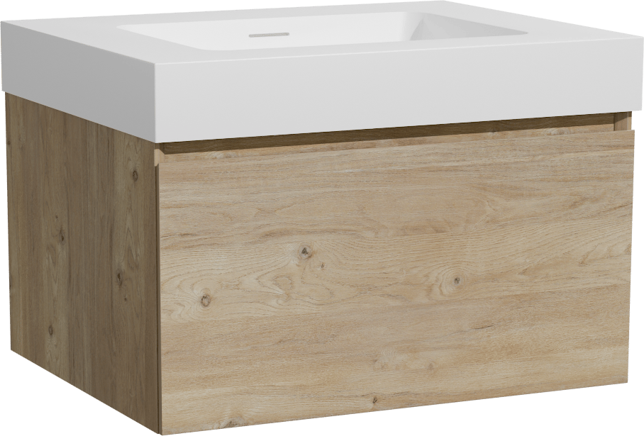 Storke Edge zwevend badmeubel 65 x 52 cm ruw eiken met Mata High enkele wastafel in solid surface mat wit