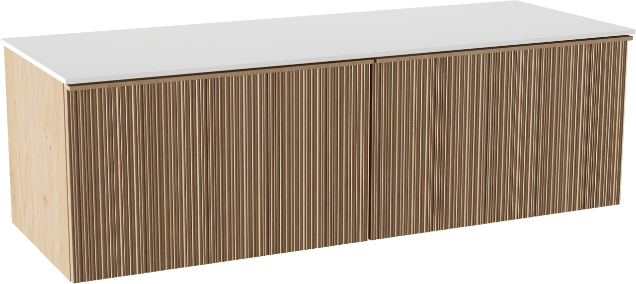 Balmani Forma zwevend badkamermeubel 150 x 55 cm natuur eik met Stretto enkel of dubbel tablet in solid surface mat wit, Verticale asymmetrische ronde ribbel