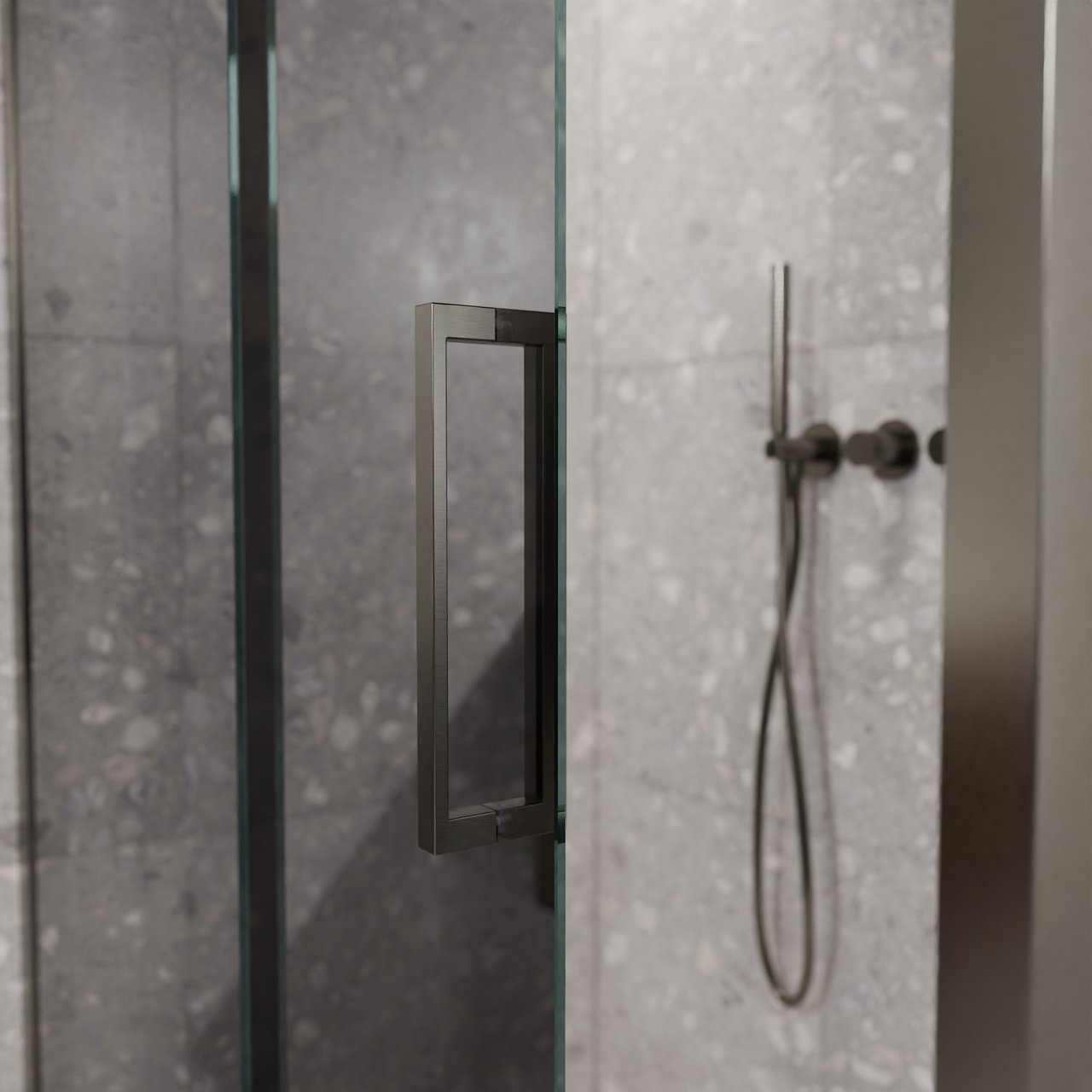 Balmani Senses Design douche d'angle avec porte coulissante à gauche et paroi latérale fixe, 160 x 80 cm, Verre miroir reflex, Profil Brushed GunMetal, coating inclus