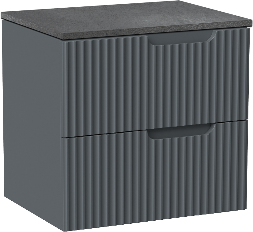 Linie Ribbo zwevend badkamermeubel 60 x 46 cm blauw antraciet met Lado enkel tablet in melamine leisteen grijs, Verticale symmetrische ronde ribbel