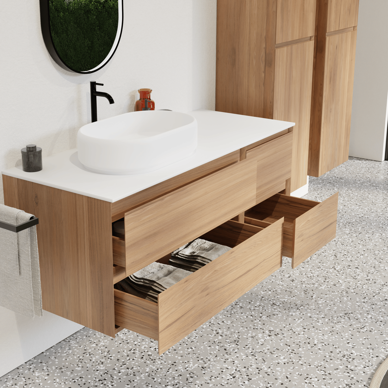 Balmani Mitra zwevend badkamermeubel 135 x 55 cm teak met Stretto enkel of dubbel tablet in solid surface mat wit
