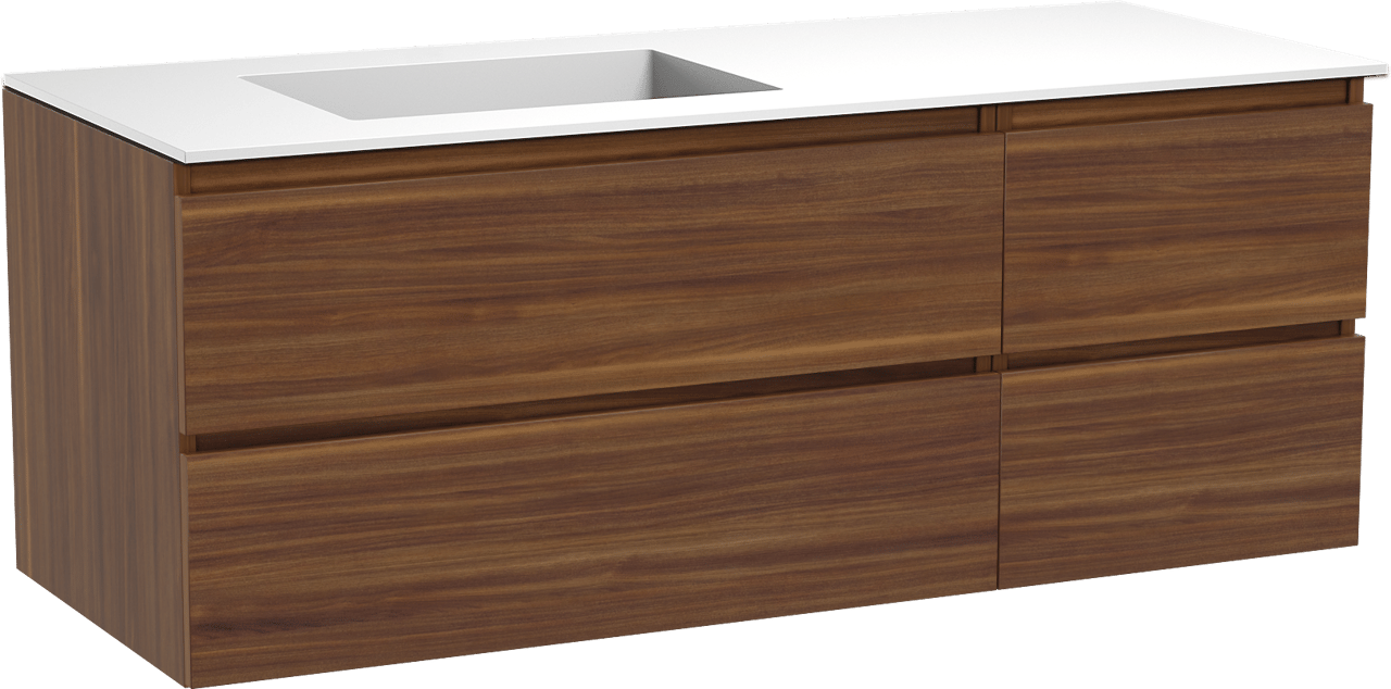Balmani Lucida hängendes Möbelstück Set: 135 x 55 cm, Amerikanischer Nussbaum, mit Tablo Stretto Waschtisch links, Solid Surface Weiß matt
