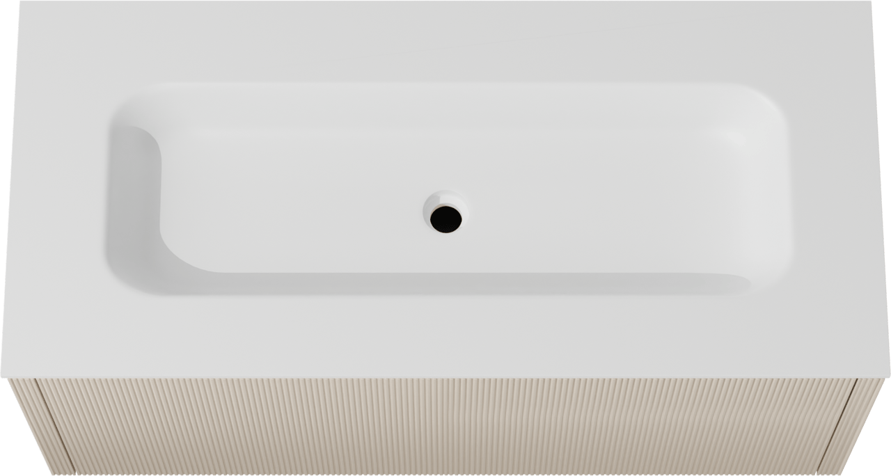 Balmani Eclips meuble salle de bains suspendu 120 x 55 cm Sandbeige avec Tablo Arcato plan simple pour 2 trous de robinet en Solid Surface blanc mat, Nervure droite symétrique verticale