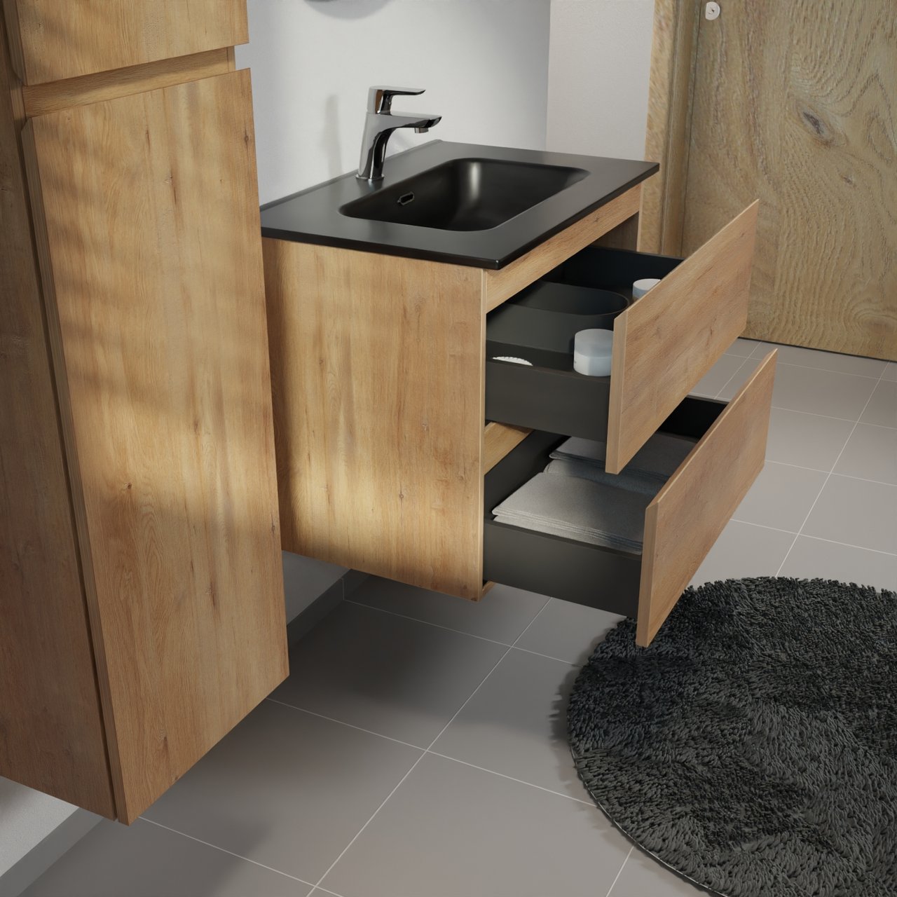 Linie Lado hängendes Möbelstück Set: 70 x 46 cm, Naturbelassene Eiche, mit Baro Einzelwaschtisch, Porzellan Schwarz matt