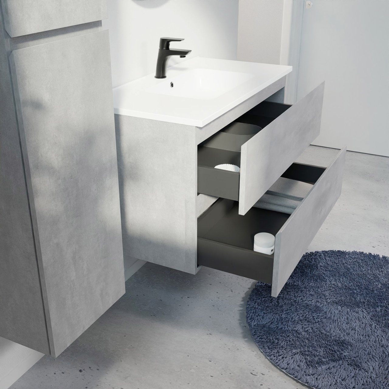 Linie Lado hängendes Möbelstück Set: 90 x 46 cm, Beton dunkelgrau, mit Vano Einzelwaschtisch, Marmorkomposit Weiß matt