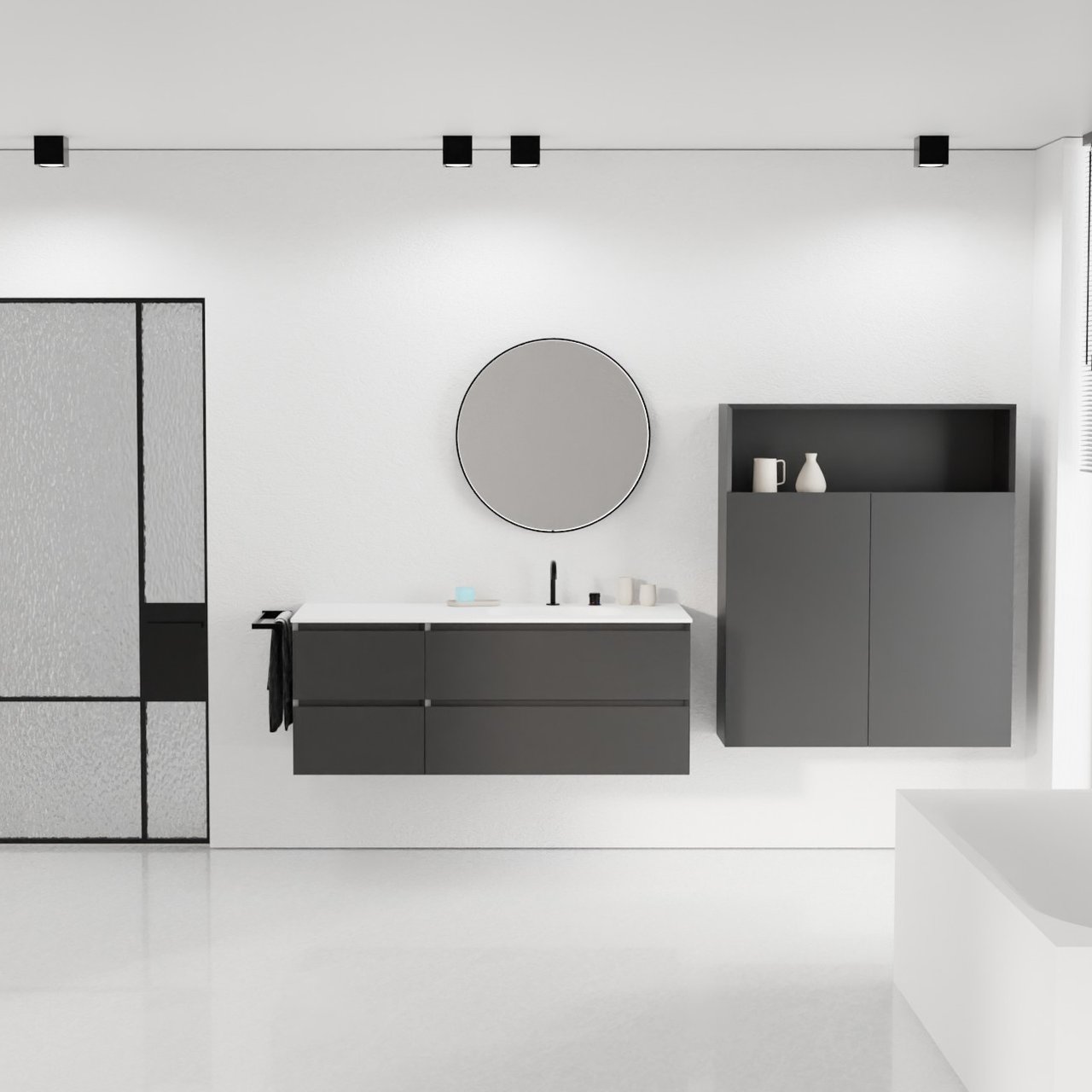 Balmani Mitra zwevend badmeubel 135 x 55 cm mat zwart met Tablo Arcato asymmetrisch rechtse wastafel in solid surface mat wit