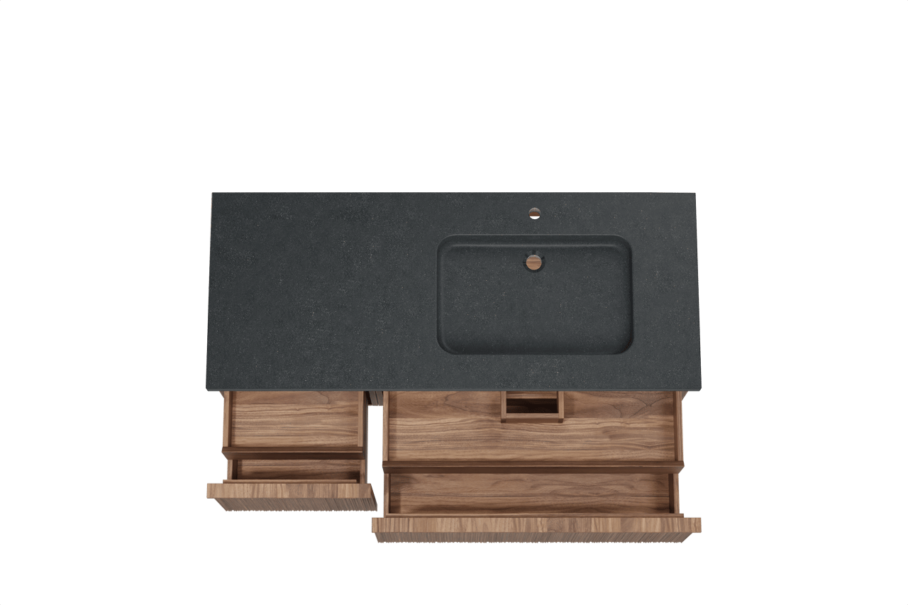 Balmani Forma meuble salle de bains suspendu 135 x 55 cm noyer américain avec Napoli vasque asymétrique droite en granit noir, Nervure circulaire asymétrique verticale