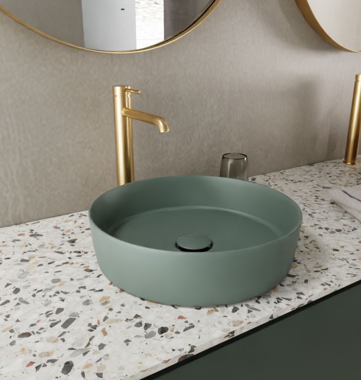 Balmani Fiyi Aufsatzwaschbecken: Matt Forest Solid Surface, rund, Ø 39 cm