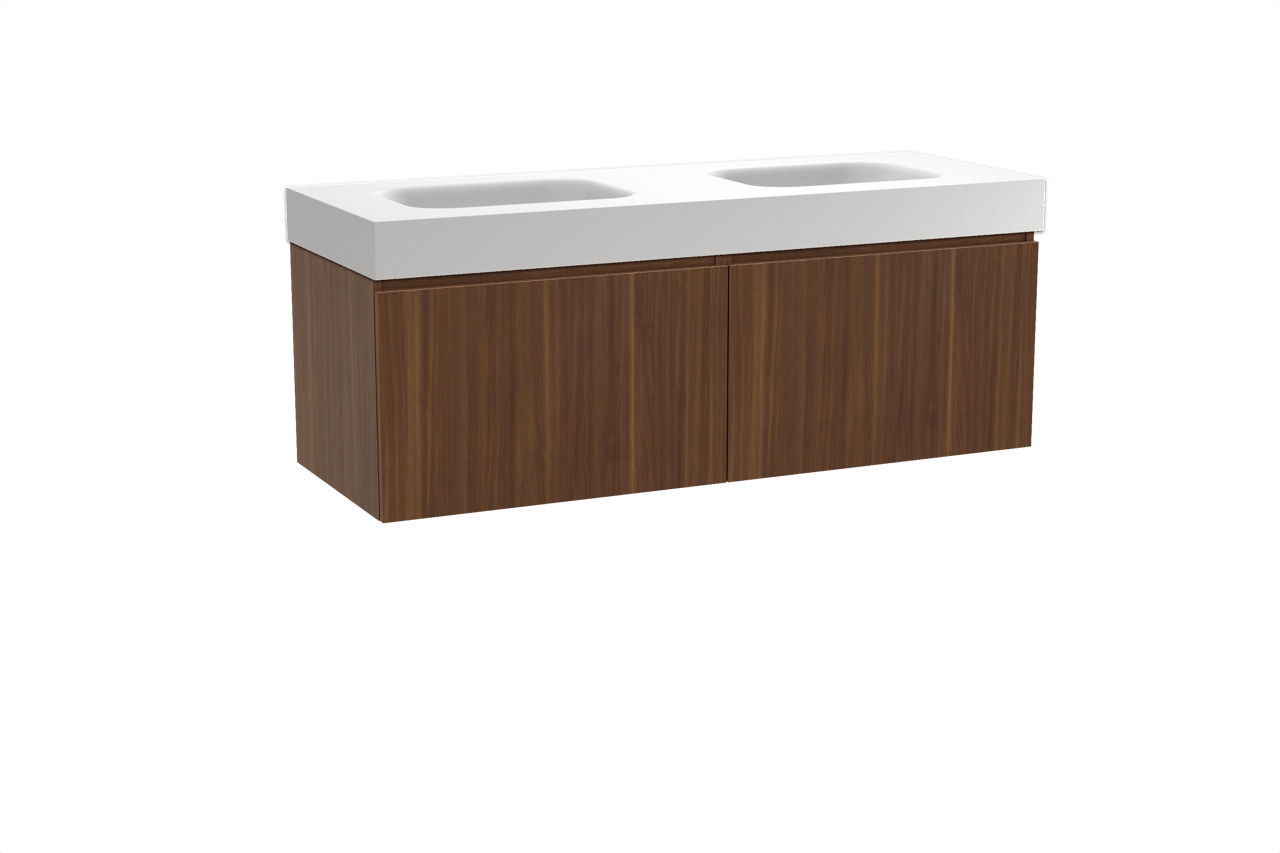 Balmani Sfera meuble salle de bains suspendu 150 x 55 cm noyer américain avec Arcato double vasque en solid surface blanc mat